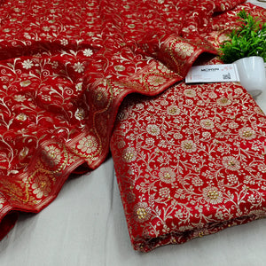 Red Stone Work Kimkhab Silk Banarasi Gharara