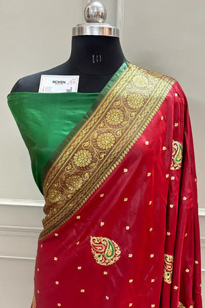 Red and Green Golden Zari Satin Silk Banarasi Saree