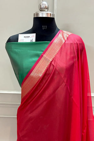 Red and Green Plain Silky Banarasi Saree