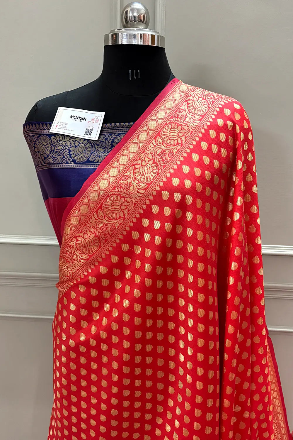 Red and Navy Blue Resham Zari Silky Banarasi Saree
