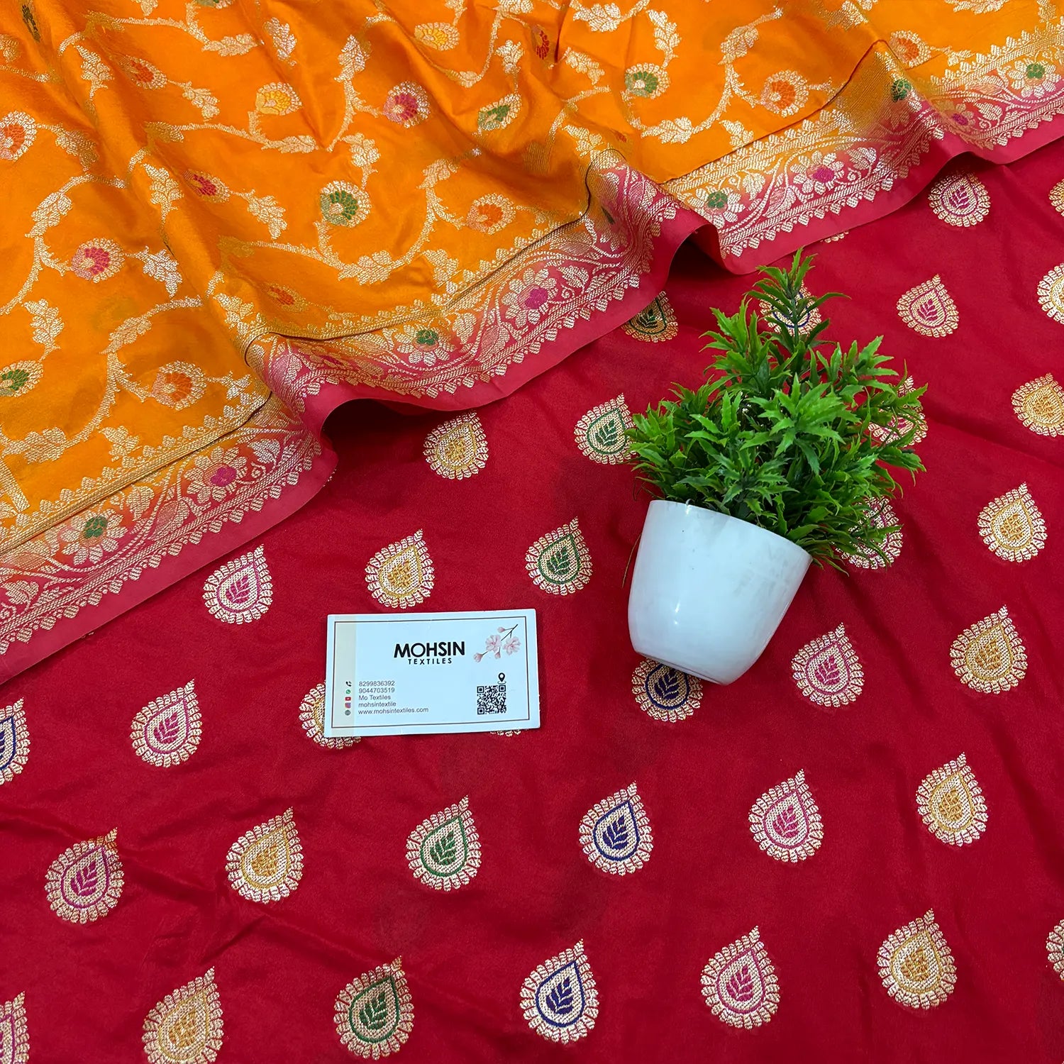 Red and Orange Golden Zari Katan Silk Banarasi Suit