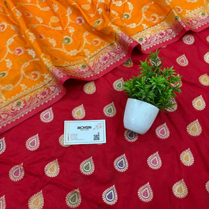Red and Orange Golden Zari Katan Silk Banarasi Suit