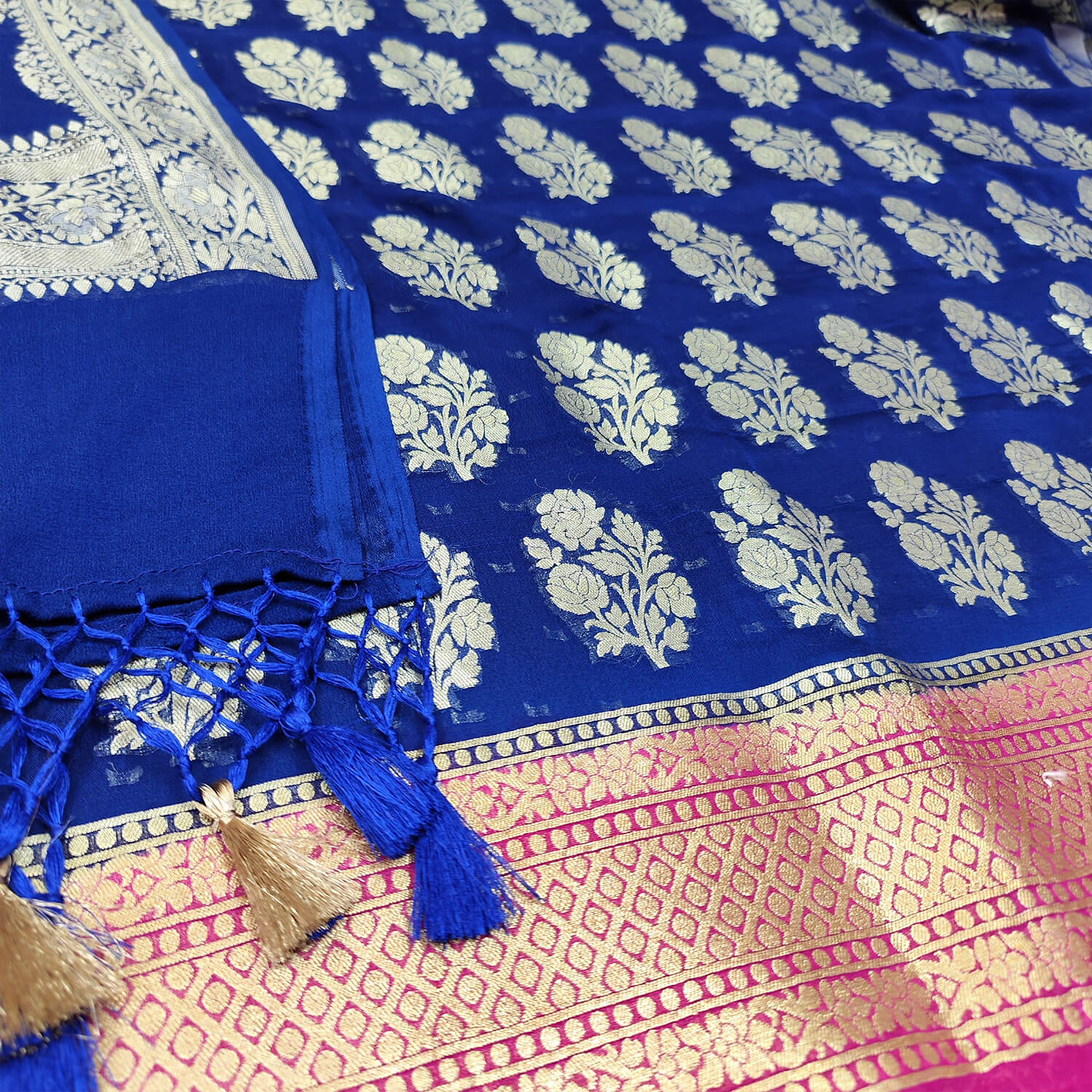 Royal Blue and Pink Handloom Georgette Silk Banarasi Suit