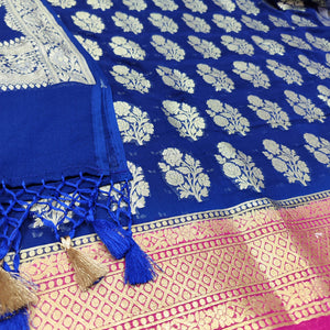 Royal Blue and Pink Handloom Georgette Silk Banarasi Suit
