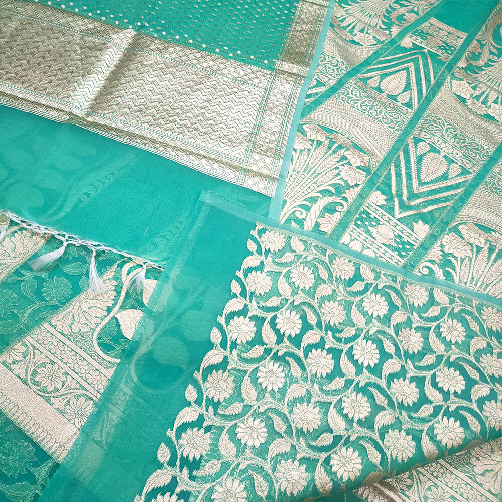 Sea Green 24 Kalli Organza Silk Banarasi Lahenga