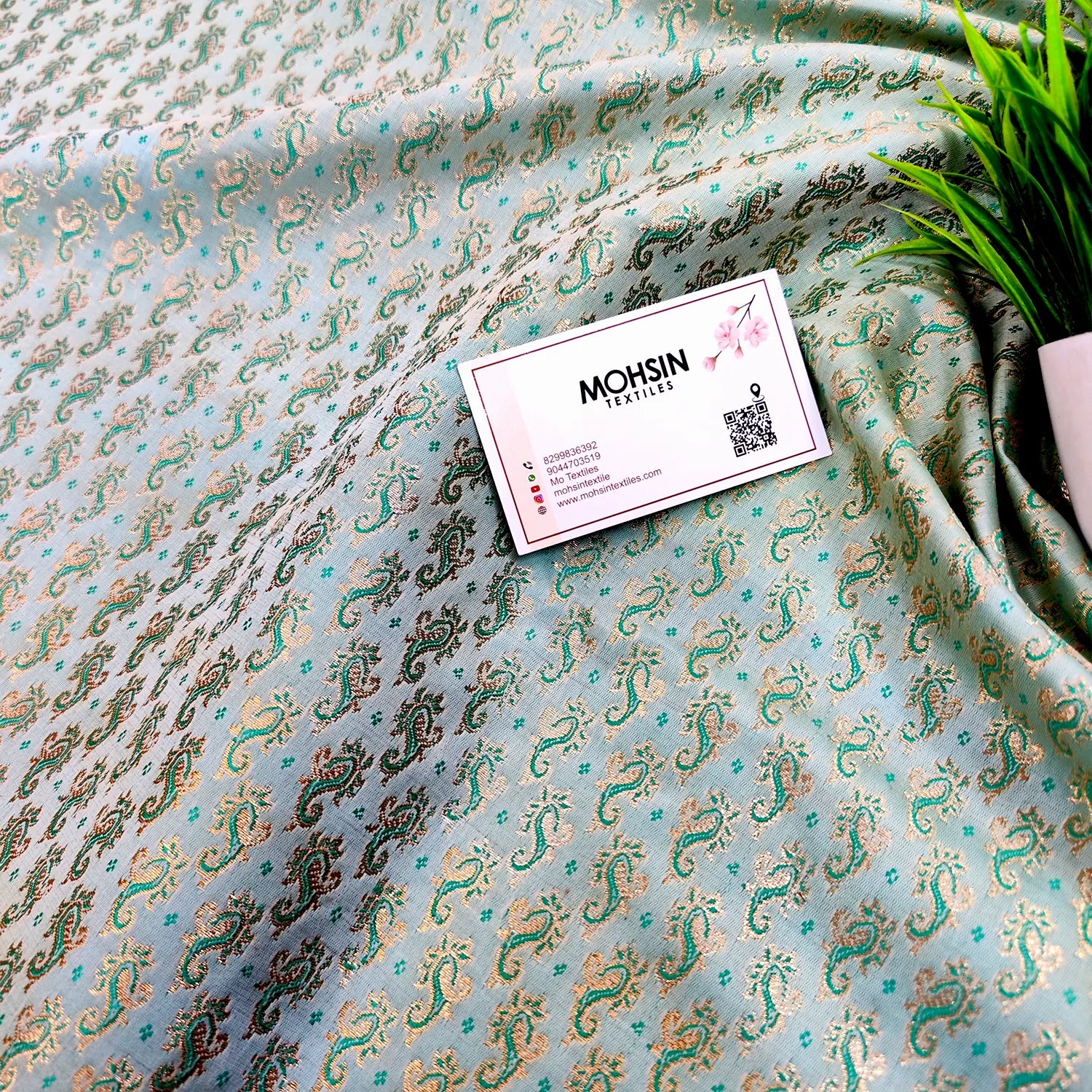 Sea Green Brocade Katan Silk Banarasi Fabric