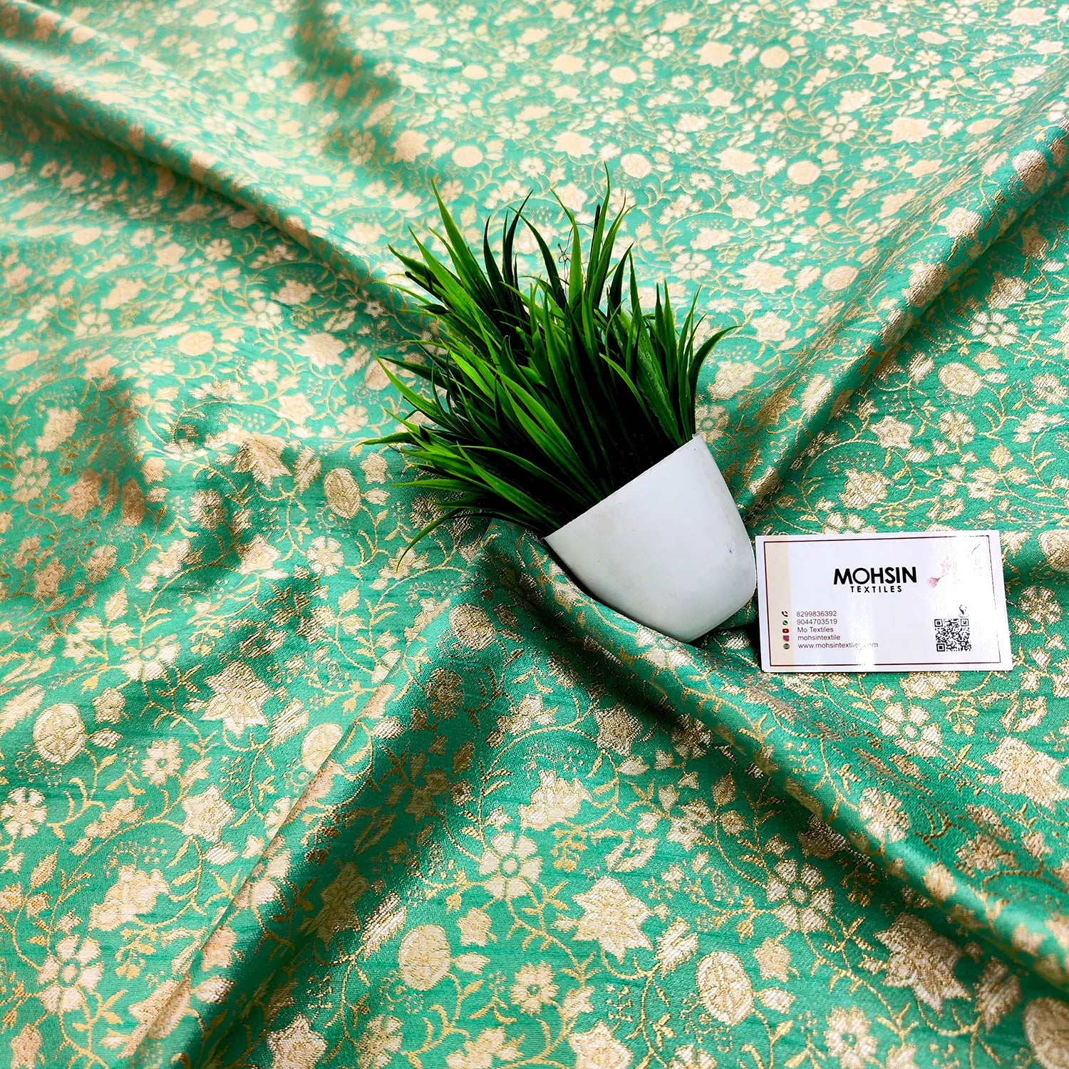 Sea Green Brocade Satin Silk Banarasi Fabric