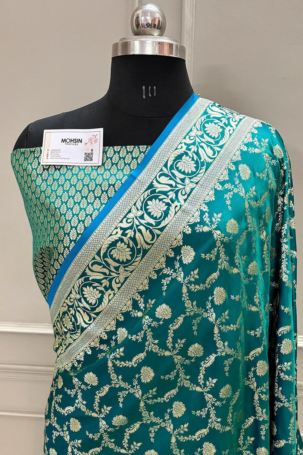 Sea Green Chandramukhi Jaal Katan Silk Banarasi Saree