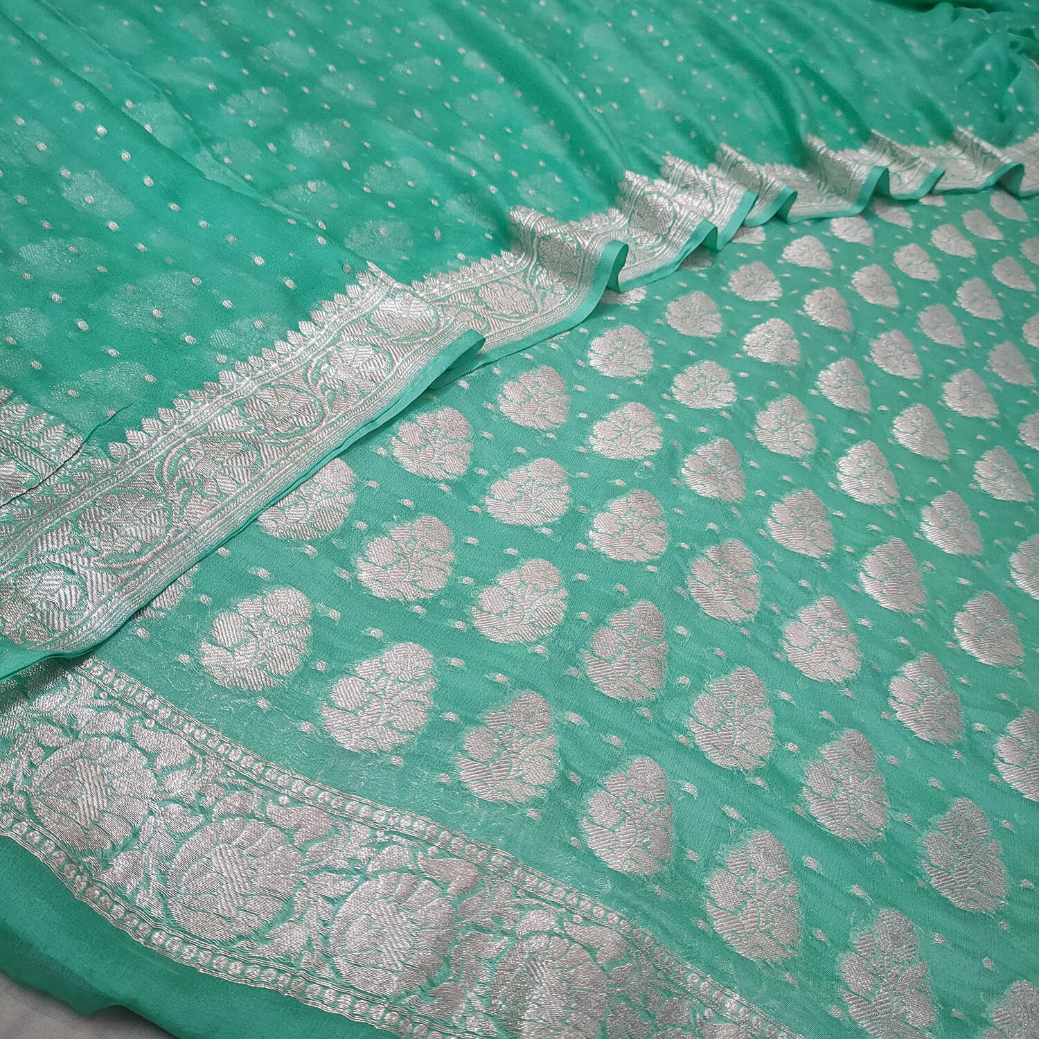 Sea Green Handloom Georgette Silk Banarasi Suit