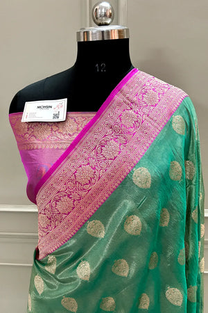 Sea Green and Pink Pure Tissue Silk Banarasi Saree