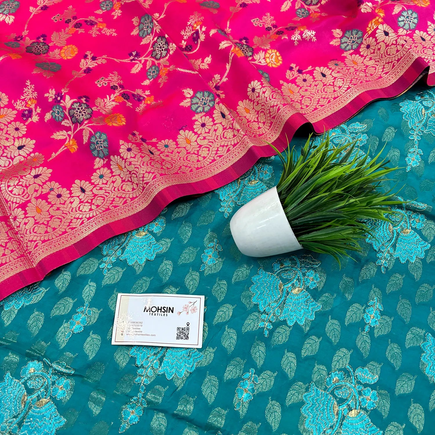 Sea Green and Pink Resham Zari Cotton Silk Banarasi Suit