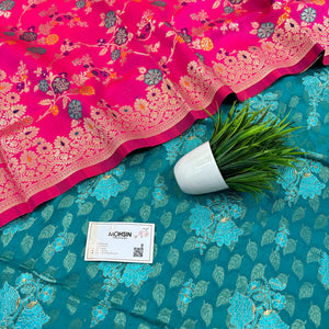Sea Green and Pink Resham Zari Cotton Silk Banarasi Suit