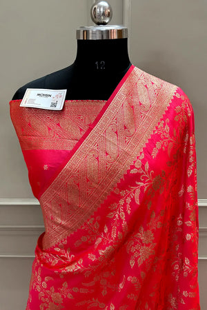 Strawberry Golden Zari Banarasi Silk Saree
