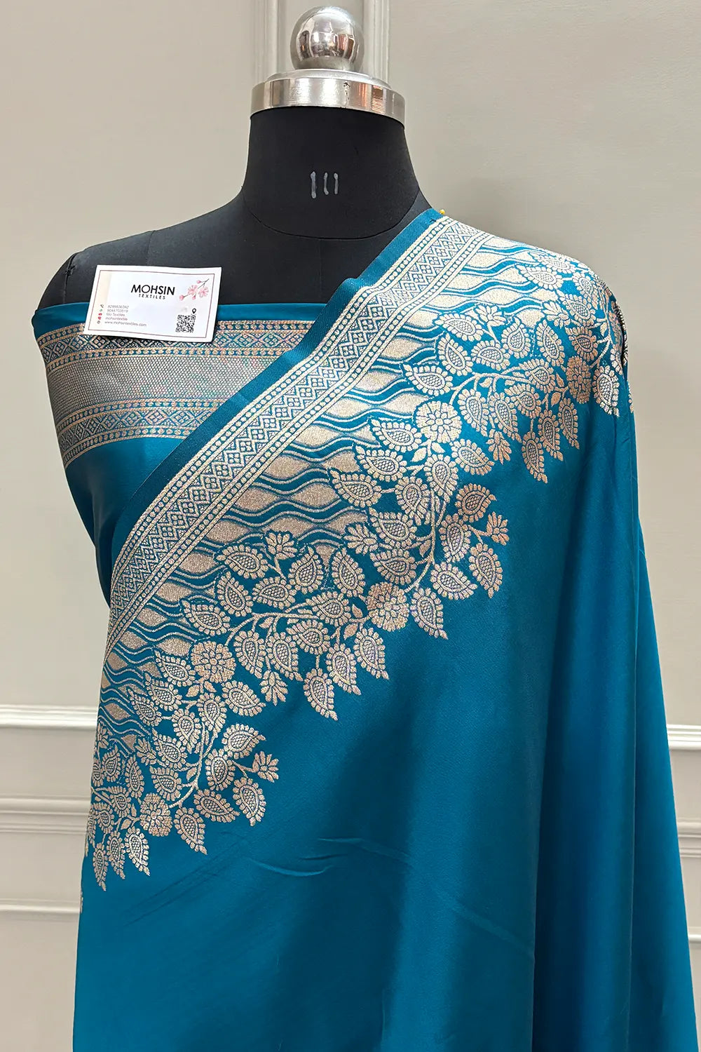 Teal Golden Zari Satin Silk Banarasi Saree