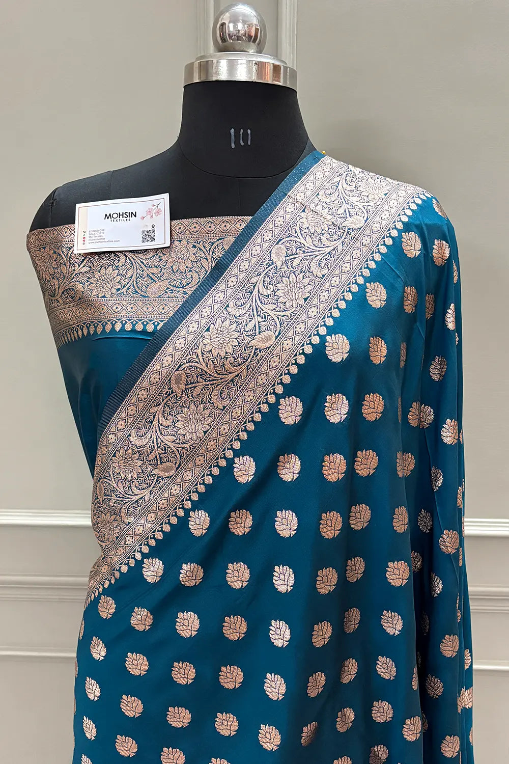 Teal Golden Zari Satin Silk Banarasi Saree