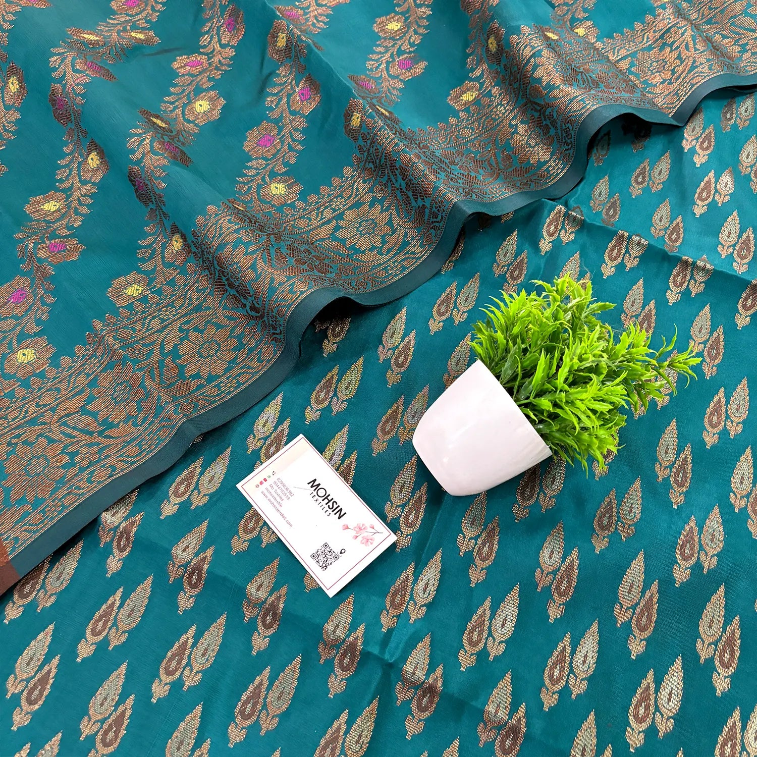 Teal Kadi Patti Satin Silk Banarasi Suit