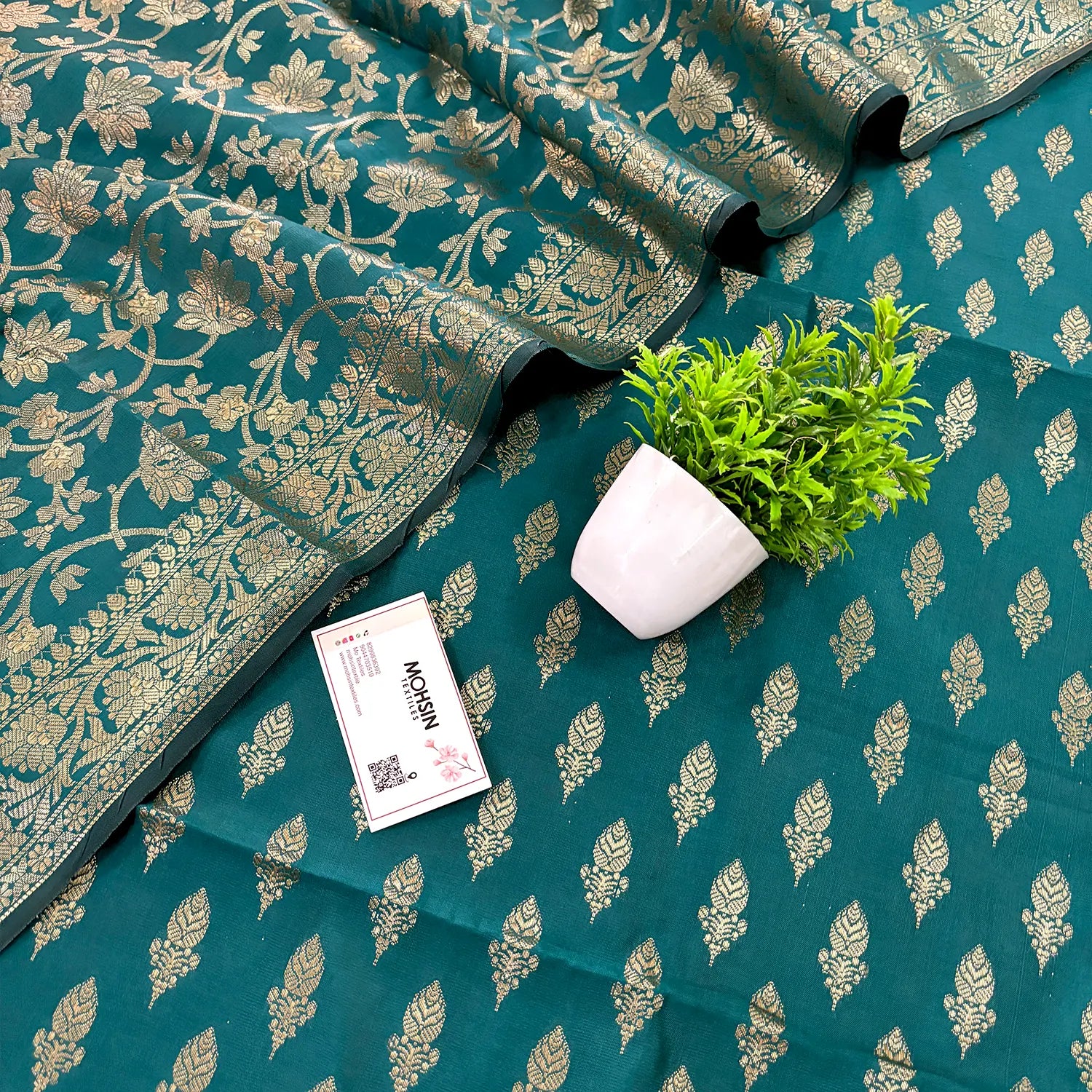 Teal Parvat Buti Satin Silk Banarasi Suit