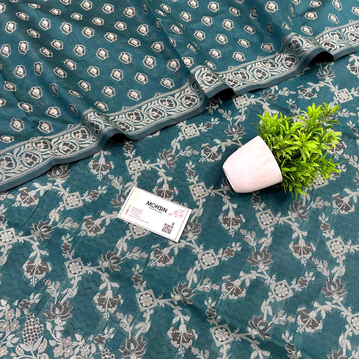 Teal Resham Zari Cotton Silk Banarasi Suit