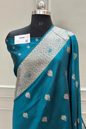 Teal Resham Zari Silky Banarasi Saree