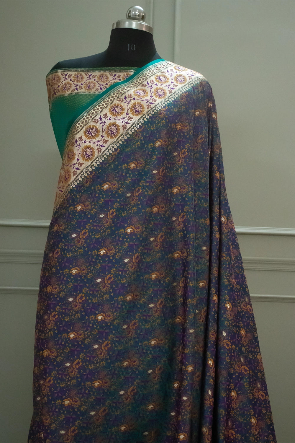 Teal and Peacock Jungli Jaal Katan Silk Banarasi Saree