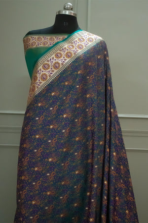 Teal and Peacock Jungli Jaal Katan Silk Banarasi Saree