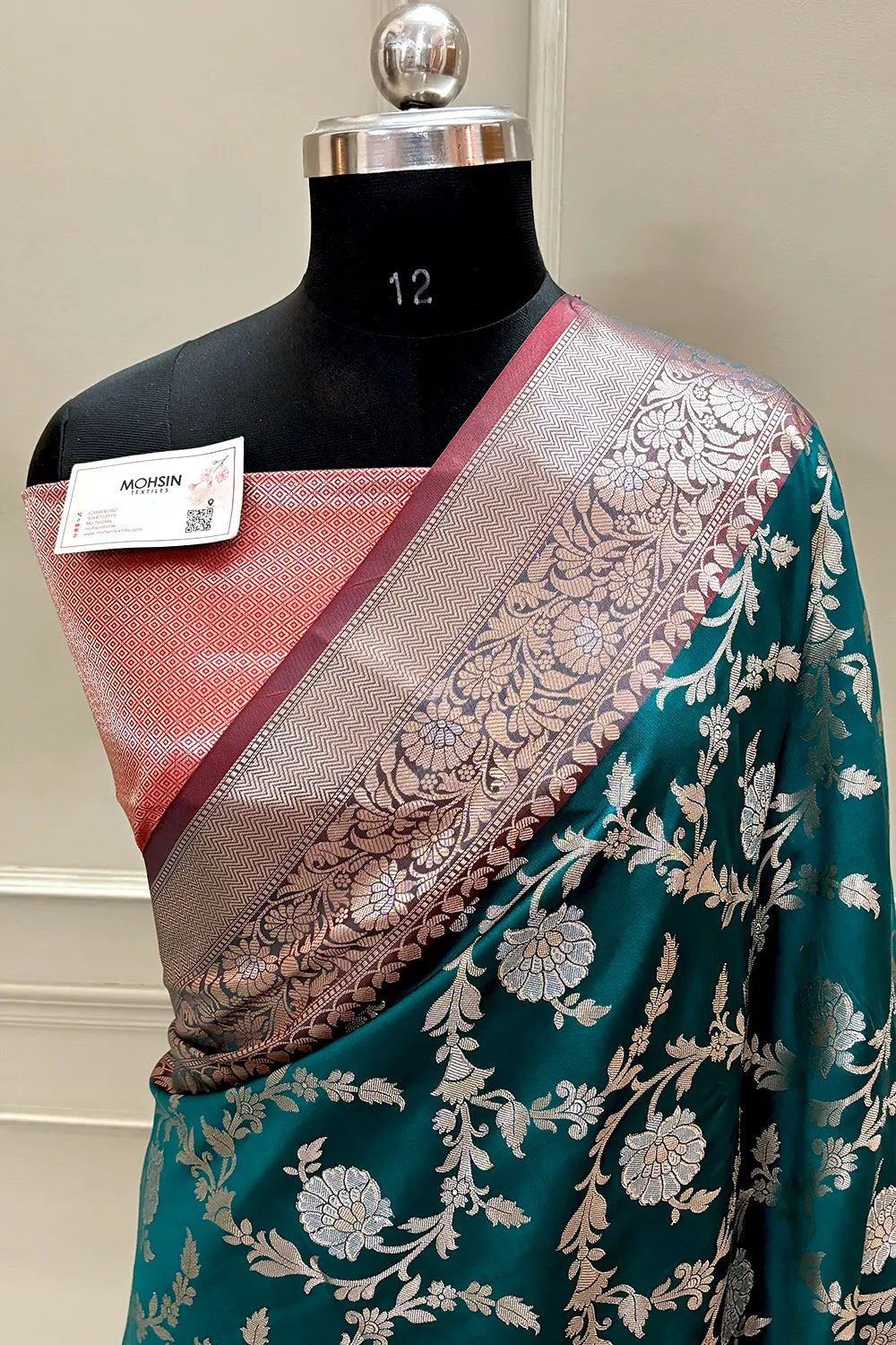 Teal and Red Golden Zari Banarasi Silk Saree