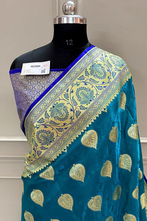 Teal and Royal Blue Golden Zari Katan Silk Banarasi Saree