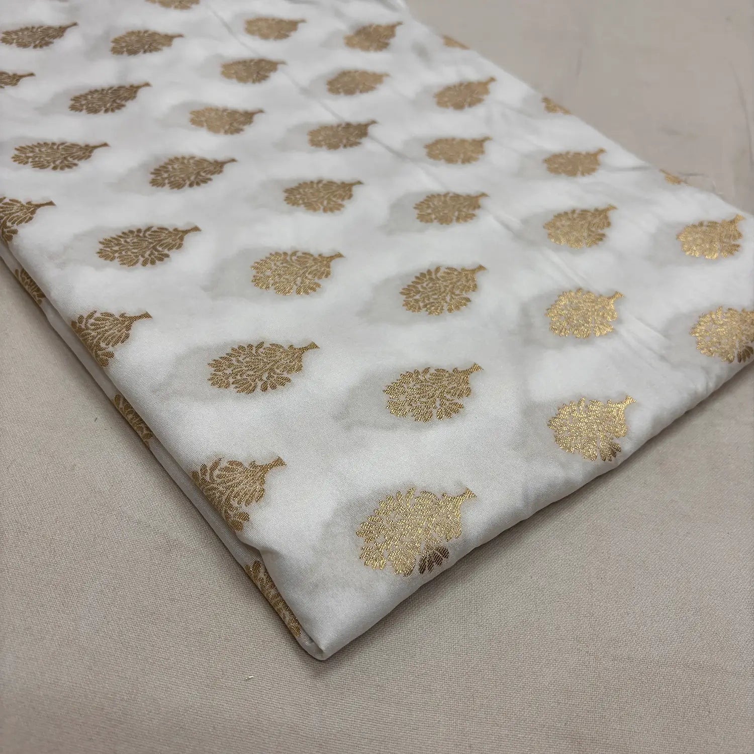 White Dabur Tree Katan Silk Banarasi Fabric