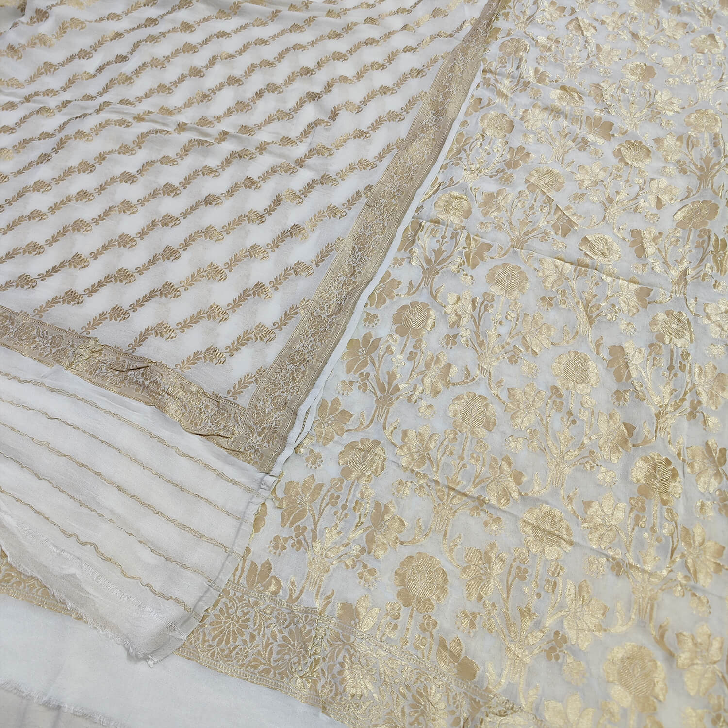 White Dyeable Handloom Georgette Silk Suit With Leheriya Dupatta