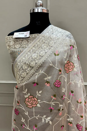 White Embroidery Tissue Silk Banarasi Saree