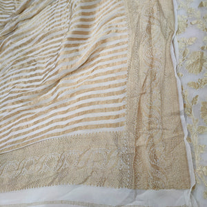 White Floral Georgette Banarasi Suit With Stripe Dupatta