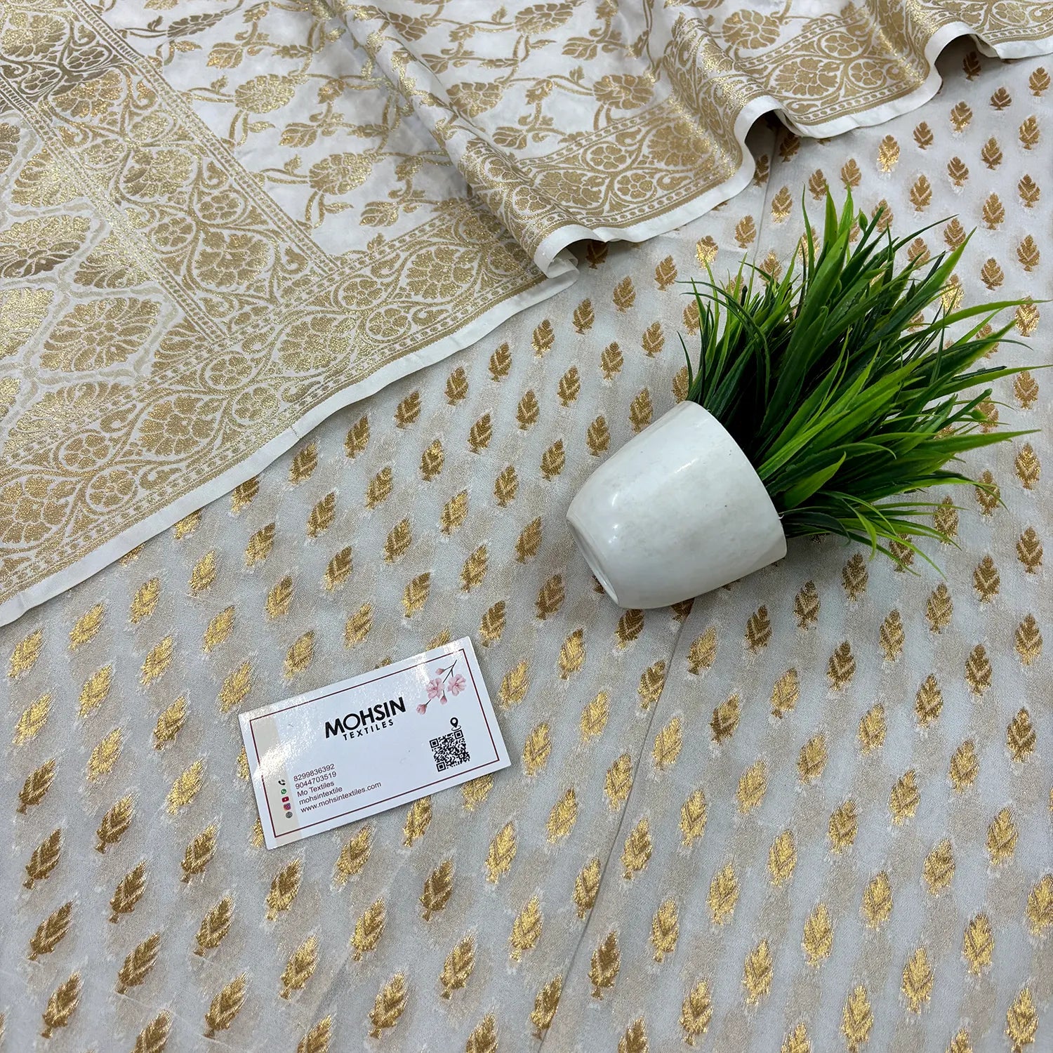 White Georgette Silk Banarasi Suit With Katan Dupatta