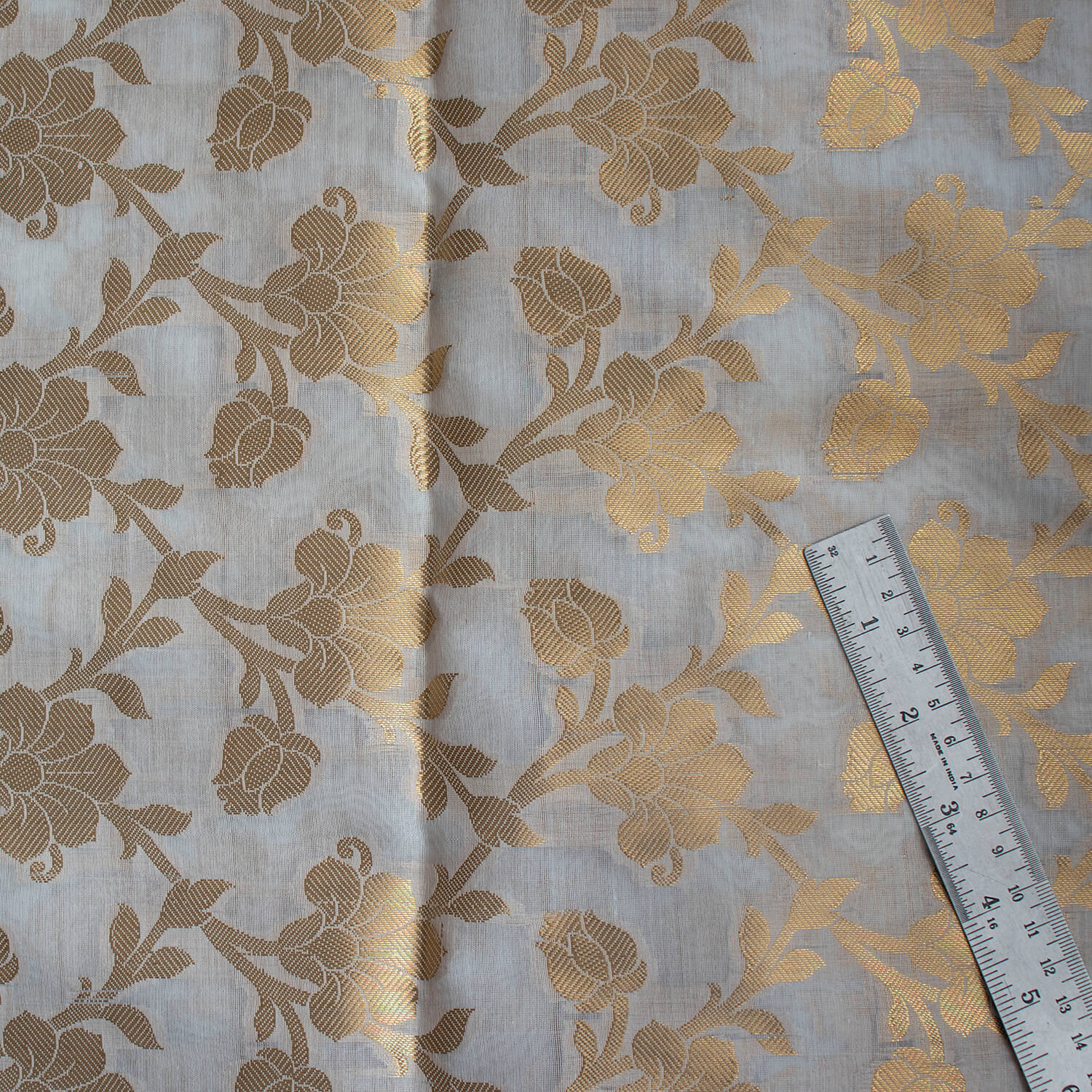 White Golden Zari Banarasi Musrize Silk Fabric