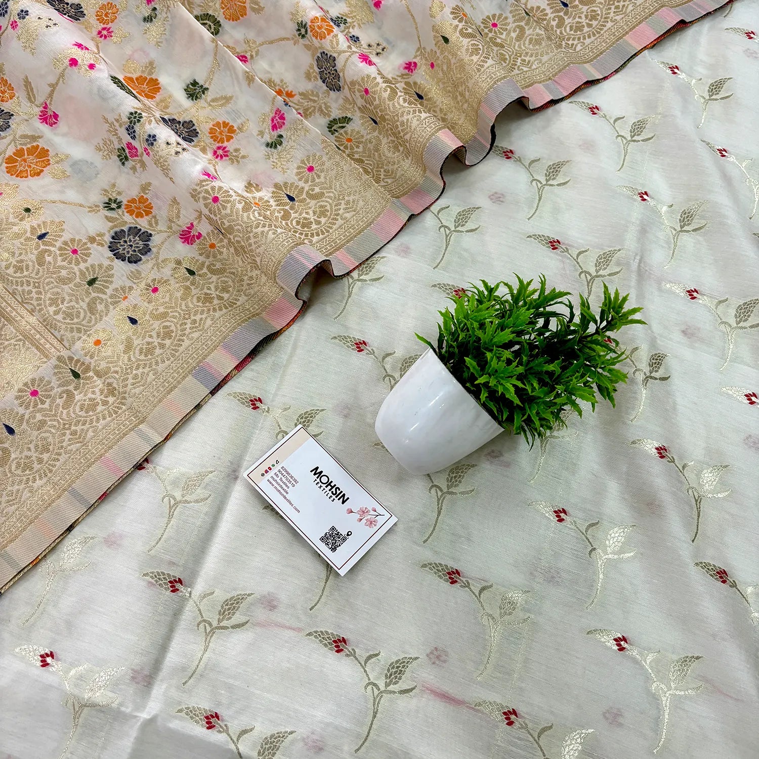 White Golden Zari Banarasi Silk Suit