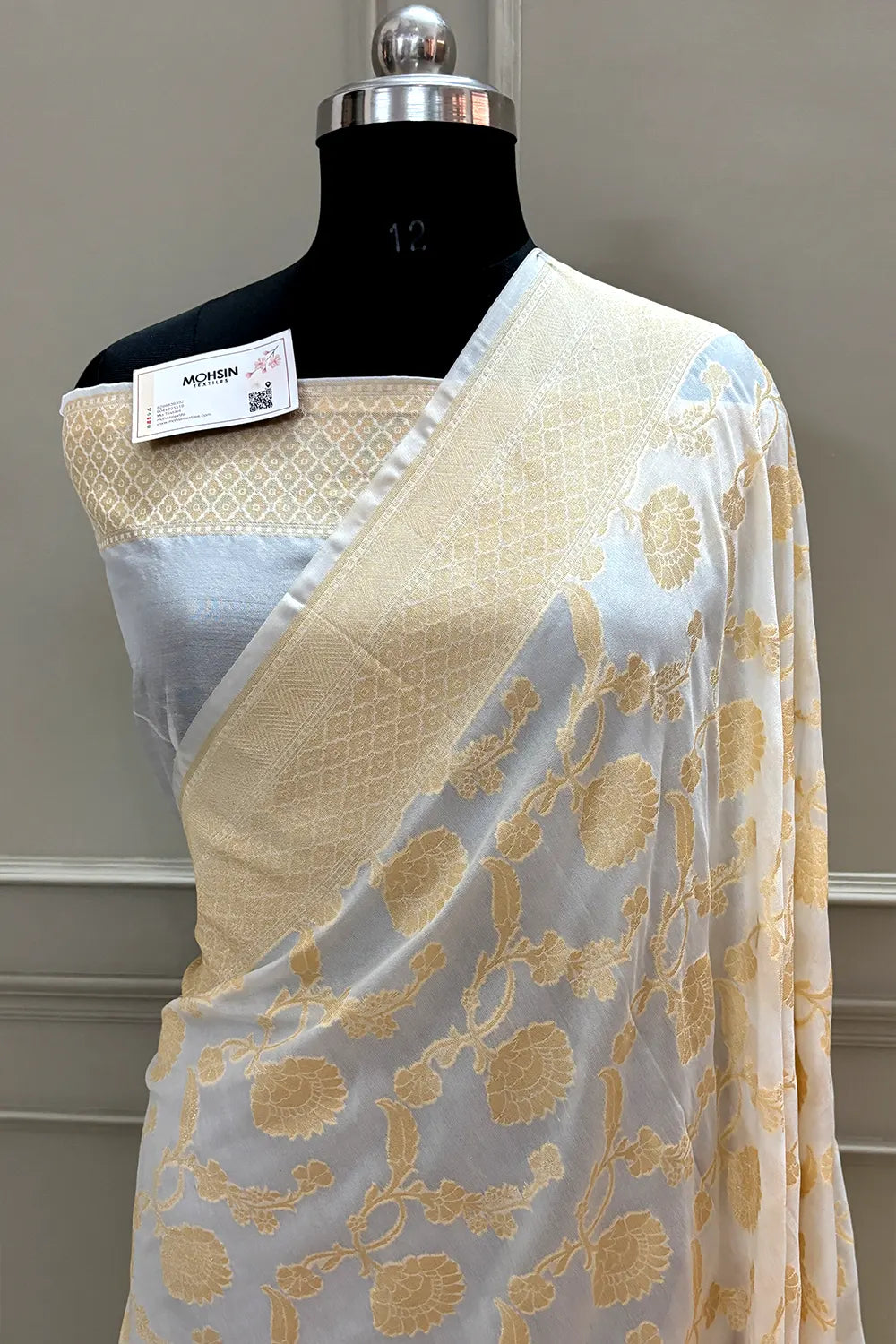 White Golden Zari Georgette Silk Banarasi Saree