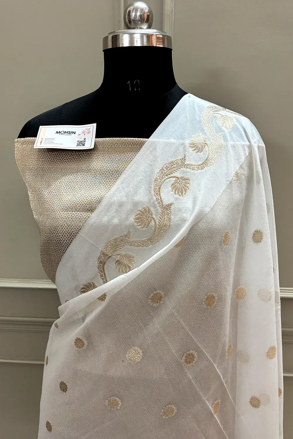 White Golden Zari Raw Mango Silk Banarasi Saree