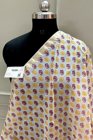 White Printed Munga Silk Banarasi Dupatta