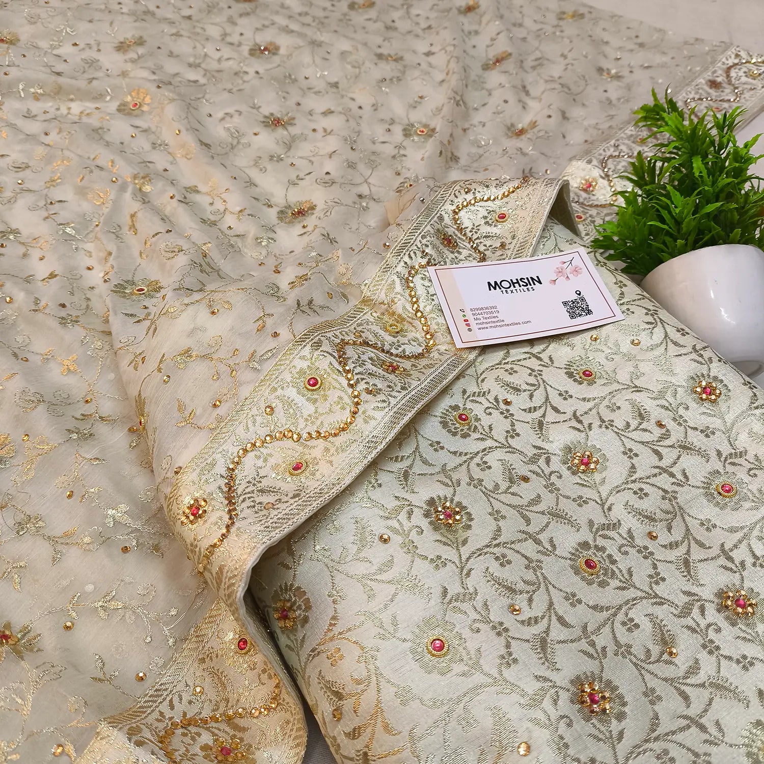 White Stone Work Kimkhab Silk Banarasi Gharara