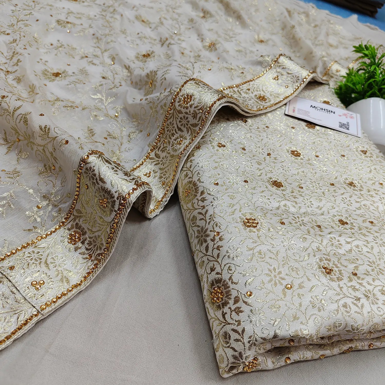 White Stone Work Kimkhab Silk Banarasi Gharara