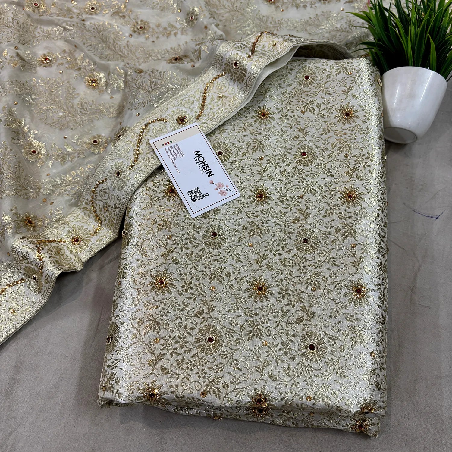 White Stone Work Kimkhab Silk Banarasi Gharara