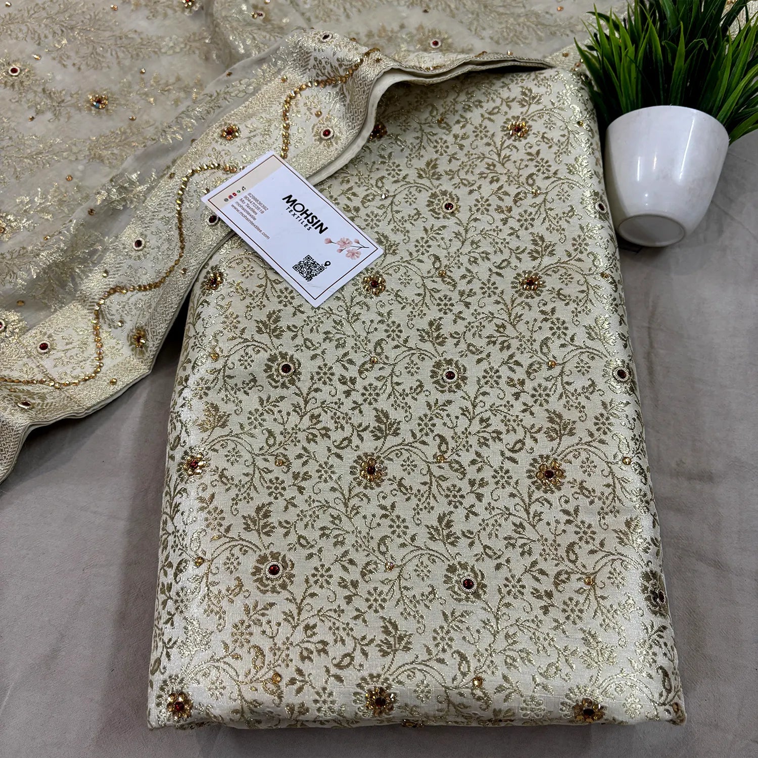 White Stone Work Kimkhab Silk Banarasi Gharara