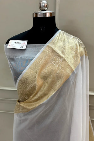 White Zari Border Organza Silk Banarasi Saree