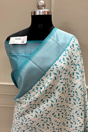 White and Firozi Resham Zari Banarasi Silk Saree