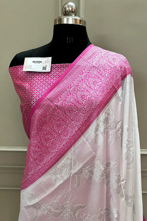 White and Pink Resham Zari Silky Banarasi Saree