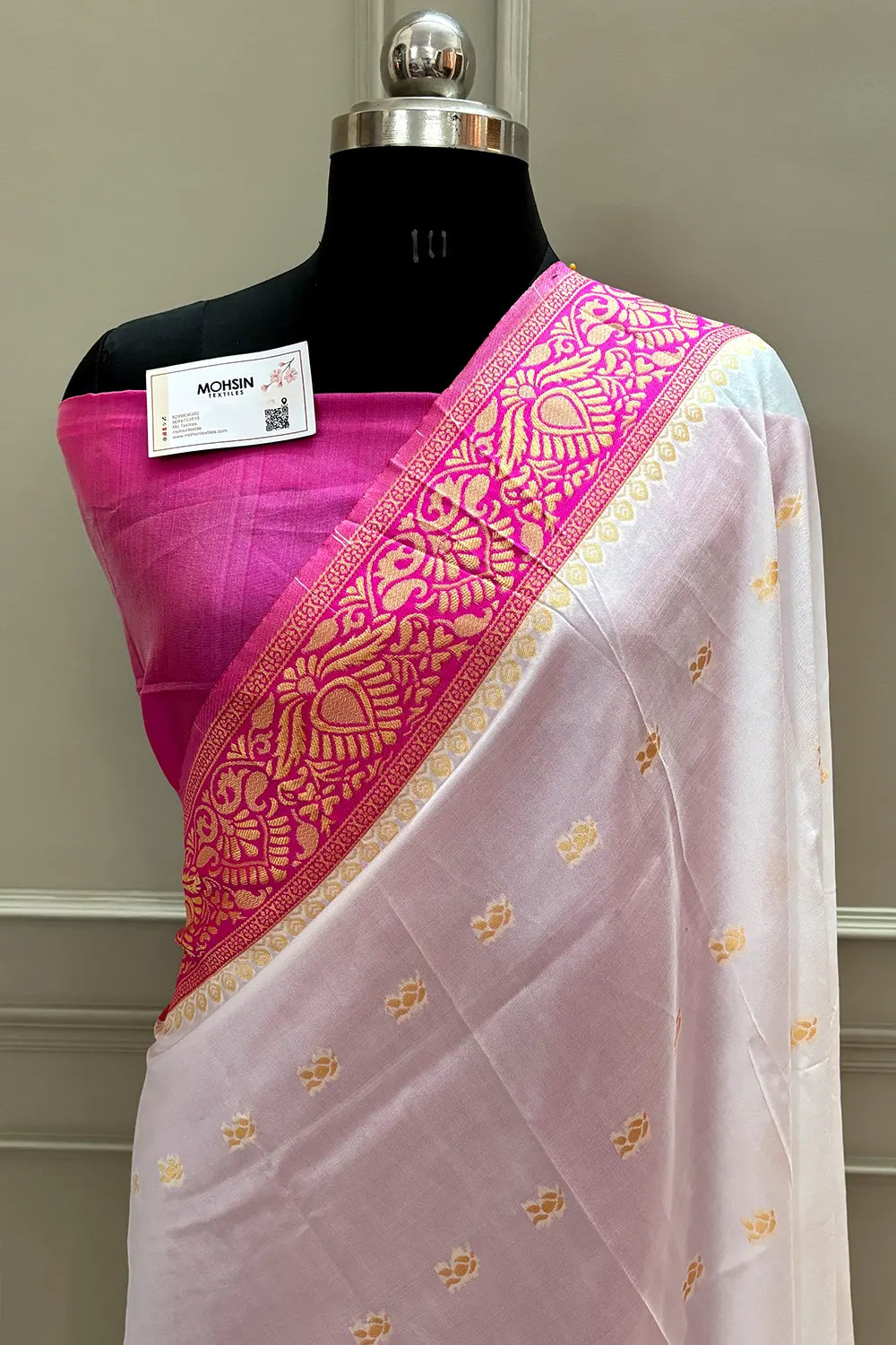 White and Pink Resham Zari Silky Banarasi Saree