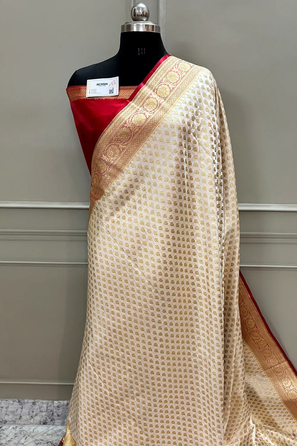 White and Red Golden Zari Katan Silk Banarasi Saree