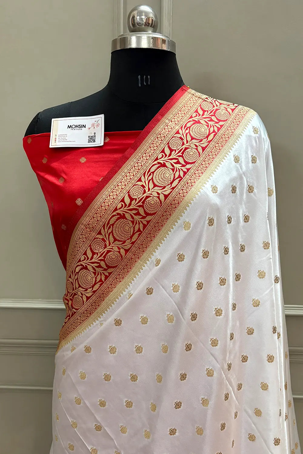 White and Red Golden Zari Katan Silk Banarasi Saree
