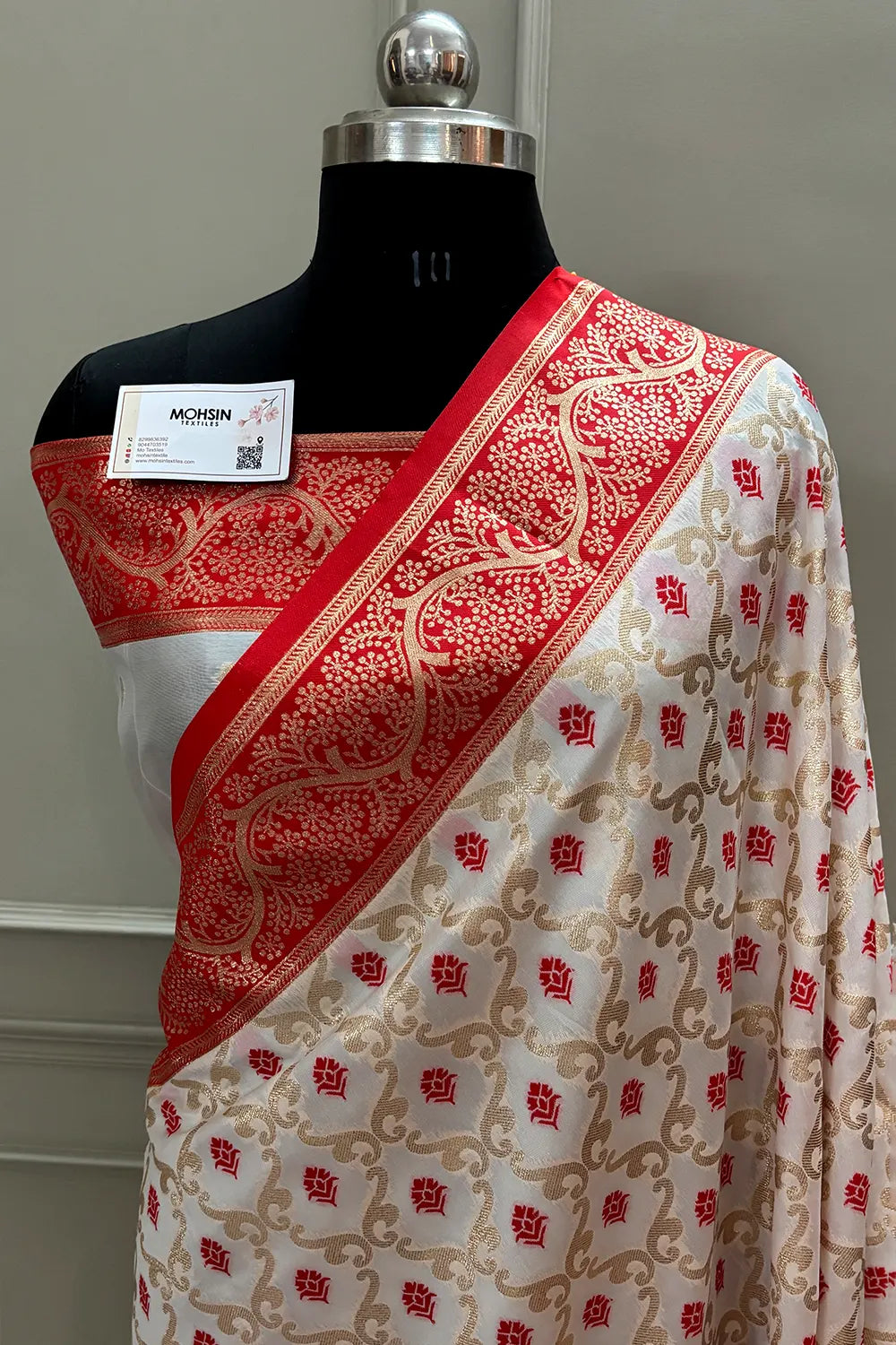 White and Red Golden Zari Silky Banarasi Saree