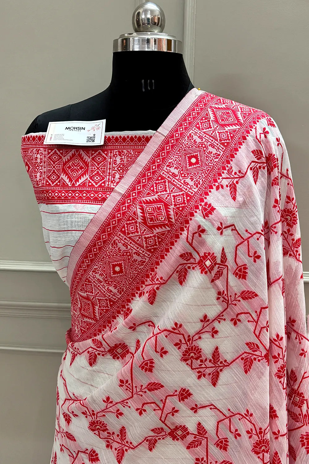 White and Red Resham Zari Linen Silk Banarasi Saree