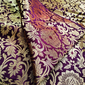 Wine Golden Zari Katan Brocade Silk Fabric
